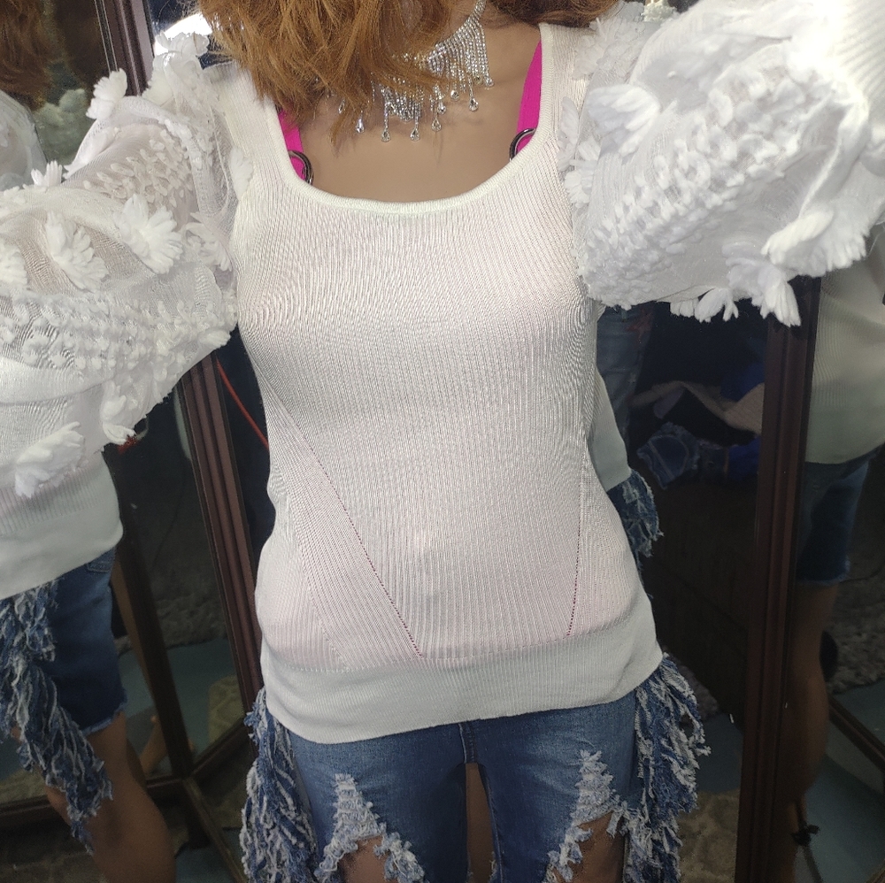 White Mock Neck top w/ peek a boo embellished sleeves Med. NWT